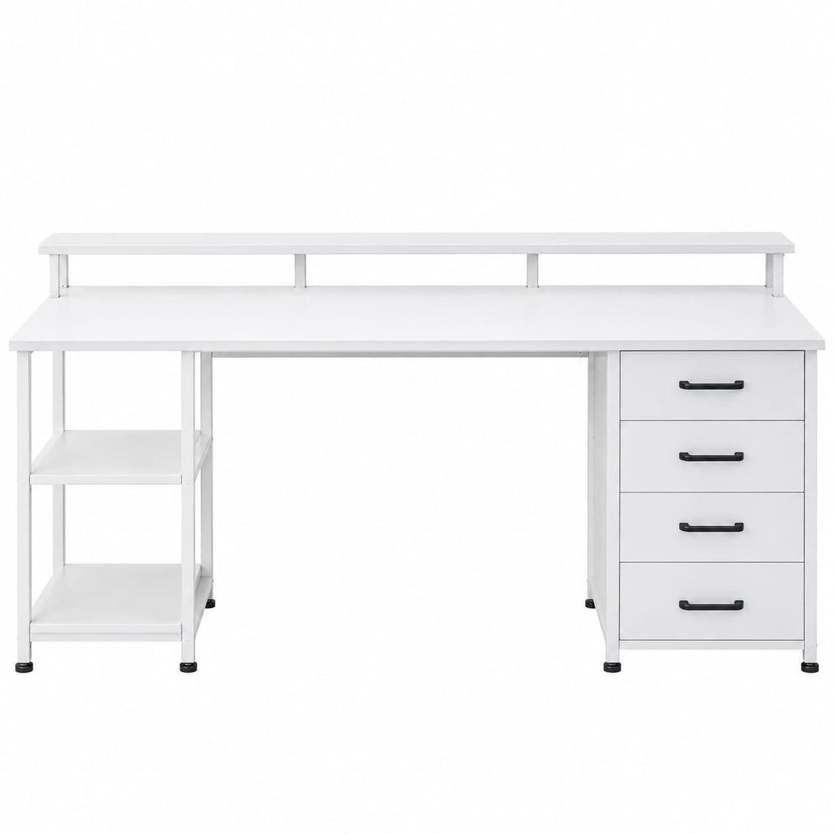 Modern White Computer Desk with Storage Drawers & Multi-Tier Shelving