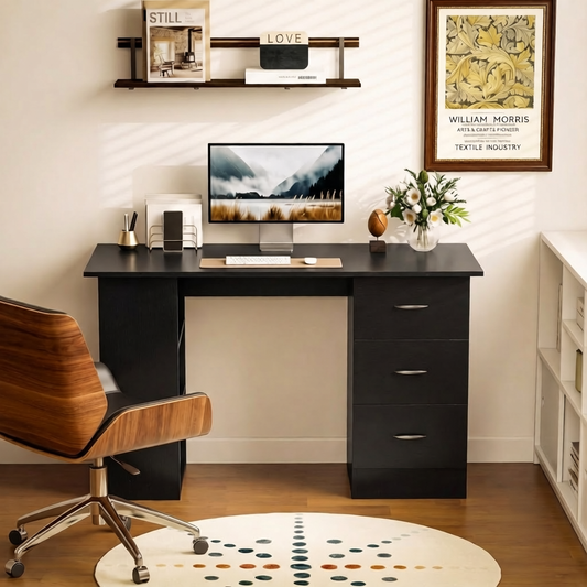 HOMCOM Modern Style Computer Desk Writing PC Table Workstation Laptop Study Stationery Cupboard w/ 3 Shelf & Drawers - Black 120H cm