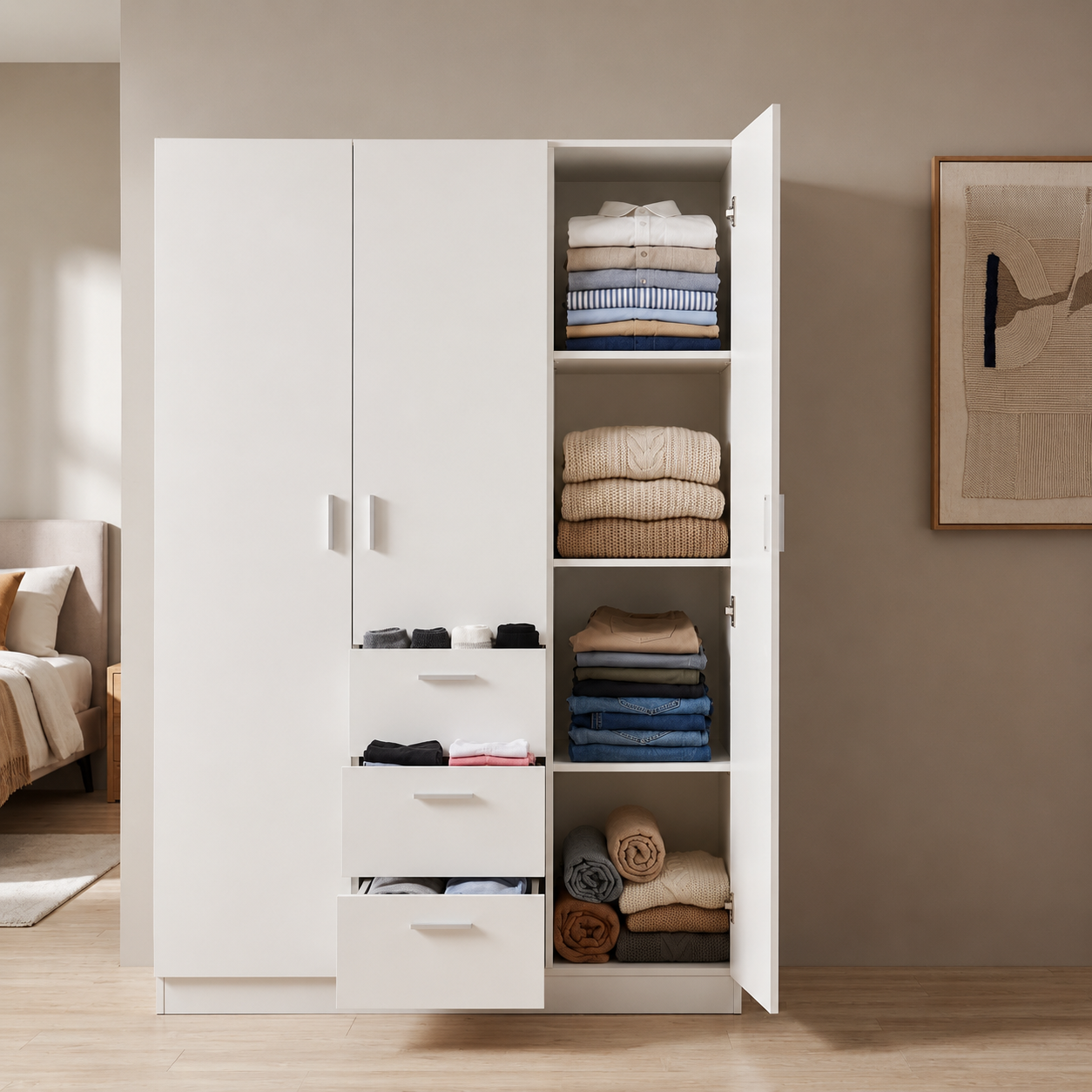 Modern 2-Door Wardrobe Closet with 3 Drawers & Shelves – Freestanding Bedroom Storage Cabinet, White