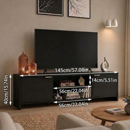 Modern Black TV Stand with Storage Cabinet & Open Shelves – Entertainment Center for Living Room