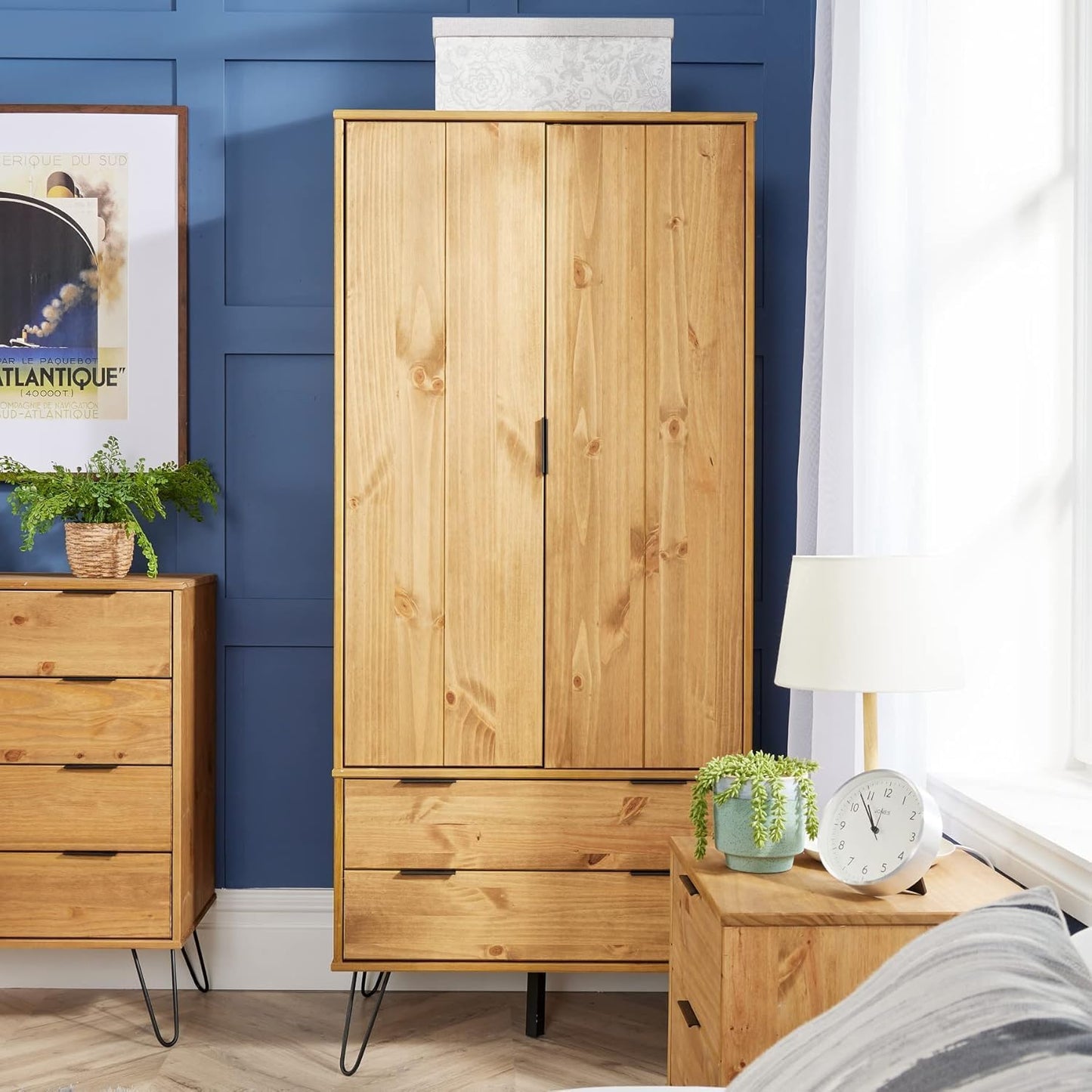 FurniFlex Industrial Solid Wood Hanging Rail Wardrobe with 2 Door and 2 Drawer