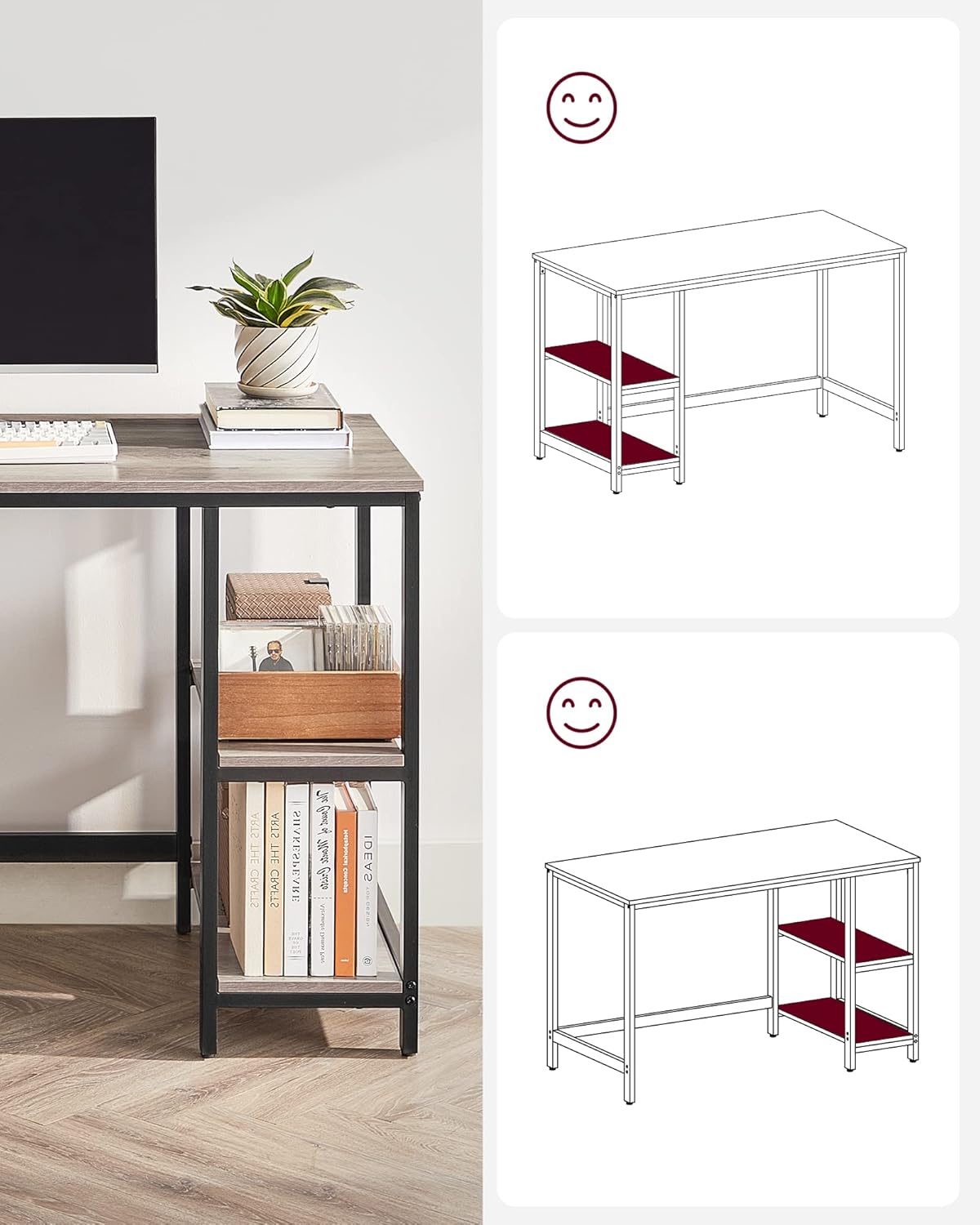 Woodx Computer Desk, Writing Desk with 2 Shelves on Left or Right, Work Table for Office Living Room, Steel Frame, Industrial, Greige and Black
