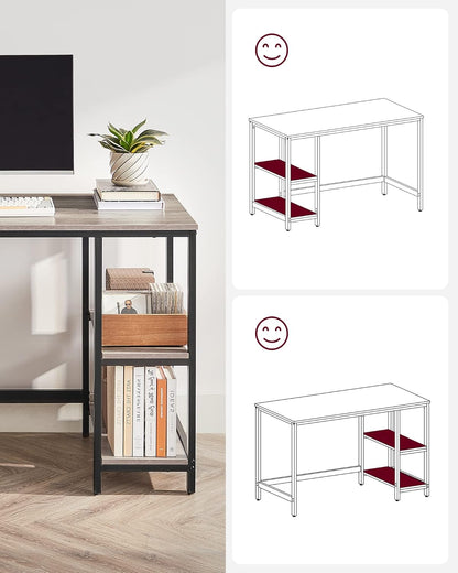 Woodx Computer Desk, Writing Desk with 2 Shelves on Left or Right, Work Table for Office Living Room, Steel Frame, Industrial, Greige and Black