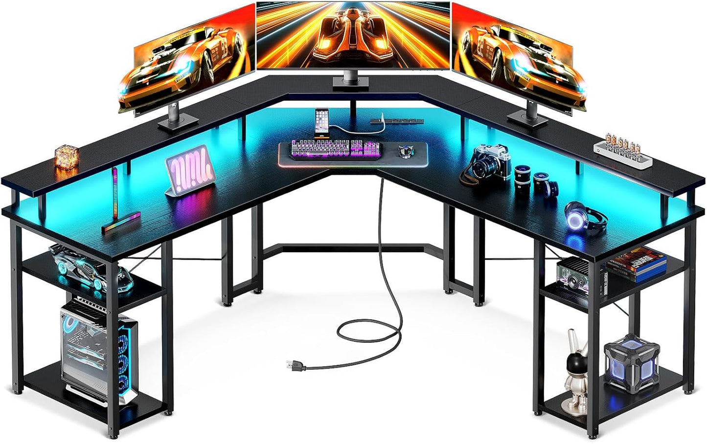 Coleshome L Shaped Gaming Desk with LED Lights & Power Outlets, Reversible 56" Computer Desk with Full Monitor Stand & Storage Shelves, Ergonomic Home Office Corner Desk, Black