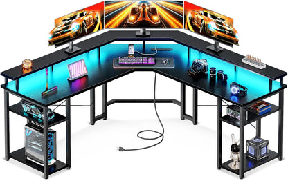 Coleshome L Shaped Gaming Desk with LED Lights & Power Outlets, Reversible 56" Computer Desk with Full Monitor Stand & Storage Shelves, Ergonomic Home Office Corner Desk, Black