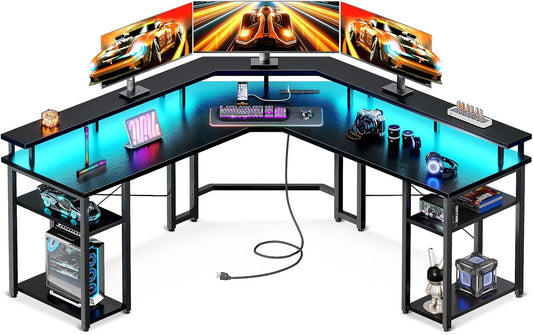 Coleshome L Shaped Gaming Desk with LED Lights & Power Outlets, Reversible 56" Computer Desk with Full Monitor Stand & Storage Shelves, Ergonomic Home Office Corner Desk, Black