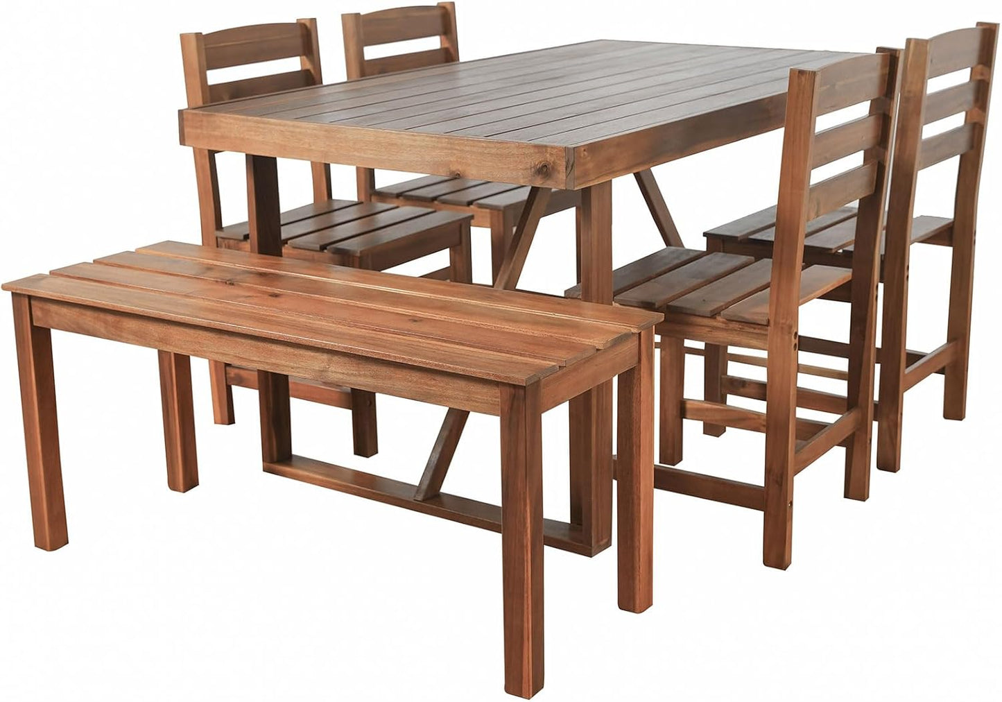 EOVTK 6-Piece Patio Wooden Dining Set with 59.8'' Rectangular Table, 4 Chair & Bench, Outdoor Conversation Furniture for Balcony, Vourtyard and Garden, Brown