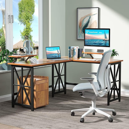 GreenForest L Shaped Desk with 2 Monitor Stand, 50.4 inch Reversible Corner Computer Desk for Home Office Study Gaming Workstation Crafting Table for Small Spaces, Easy Assembly, Walnut