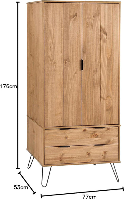 FurniFlex Industrial Solid Wood Hanging Rail Wardrobe with 2 Door and 2 Drawer