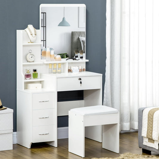 HOMCOM Makeup Vanity with Stool and Mirror Makeup Table with 4 Drawers 4 Storage Compartments Modern Style 80 x 38 x 143 cm White