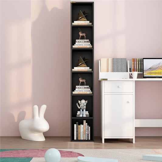 ALISENED 68.5" Tall Narrow Bookshelf, 6 Shelf Wooden Corner Bookcase, Modern Skinny Cubes Storage Organizer Display Shelving for Bedroom, Library, Living Room, Home, Office, Black