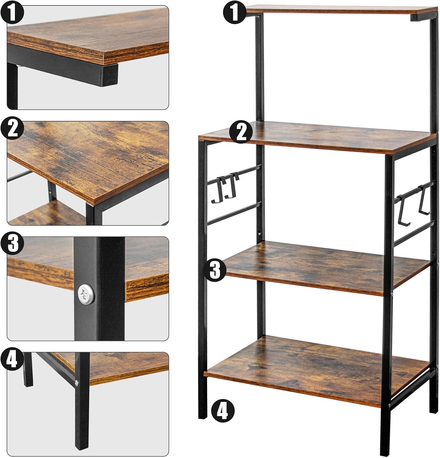 Sasoiky Bakers Rack for Kitchen,4-Tier Kitchen Storage Shelf Rack,Microwave Cart Coffee Bar Microwave Stand Rack with 4 Hooks,Bakers Racks for Kitchens with Storage(Rustic Brown)