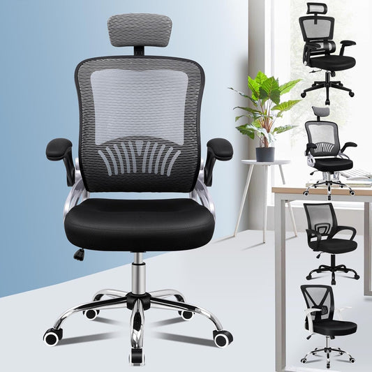 ALFORDSON Ergonomic Office Chair, Desk Chair with Adjustable Headrest, Armrests, Swivel Chair with Rocker Function, Higher Backrest, 180 kg Load Capacity, Black