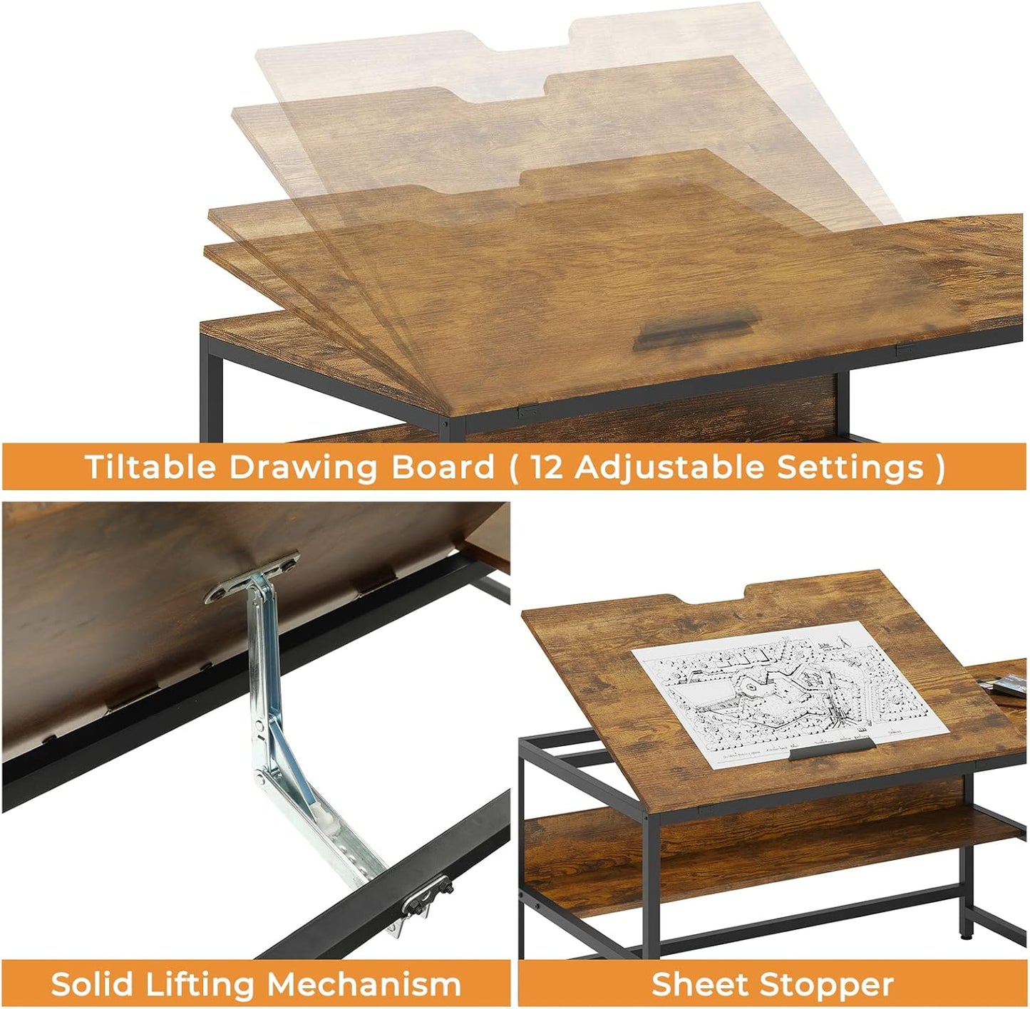 SEDETA L Shaped Desk, 68.9 inches Corner Computer Desk with Monitor Stand Riser, Drafting Drawing Table with Tiltable Desktop, Workstation Study Writing Table Art Desk for Home Office, Rustic Brown