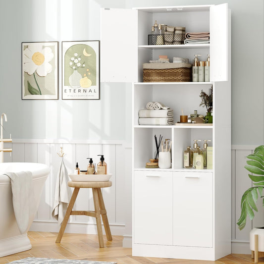 FirFurd 180.5cm Tall Bookcase White Bookshelf with 4 Doors Living Room Bookcases Free Standing Storage Cupboard for Home Office 180.5x60x40cm