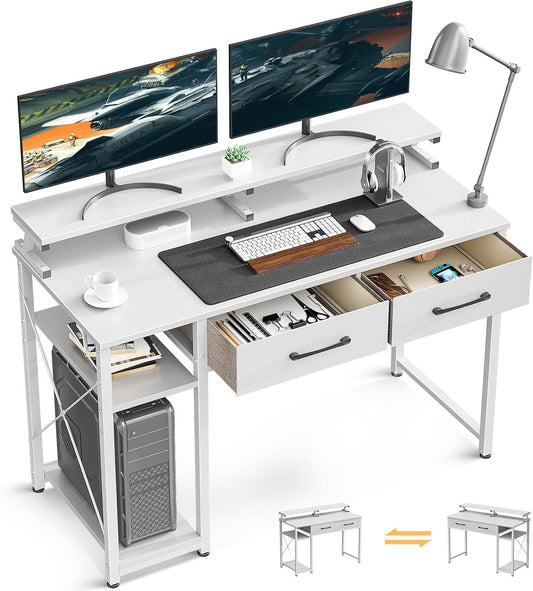 ODK Computer Desk 40" Table: Office Desk with Drawers & Wood Storage Shelves, Home Work Writing Desk & Large Space Monitor Stand, White