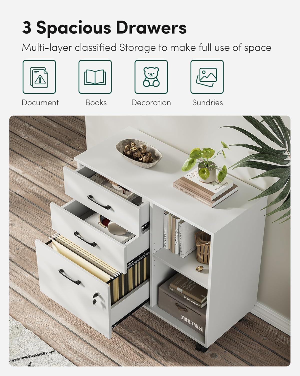FurniFlex 3-Drawer Mobile File Cabinet with Lock, White