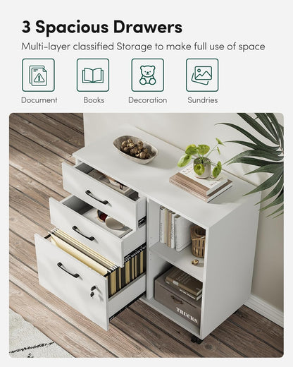 FurniFlex 3-Drawer Mobile File Cabinet with Lock, White