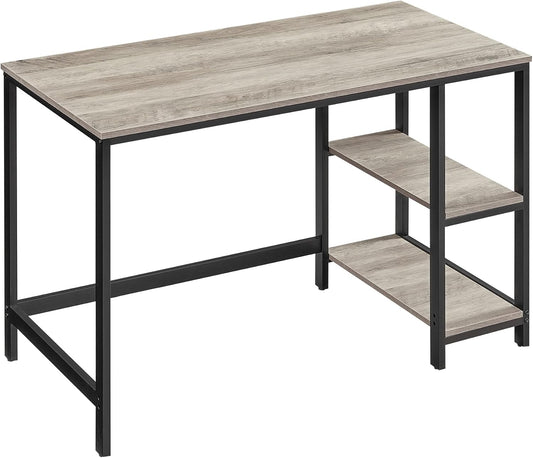 Woodx Computer Desk, Writing Desk with 2 Shelves on Left or Right, Work Table for Office Living Room, Steel Frame, Industrial, Greige and Black