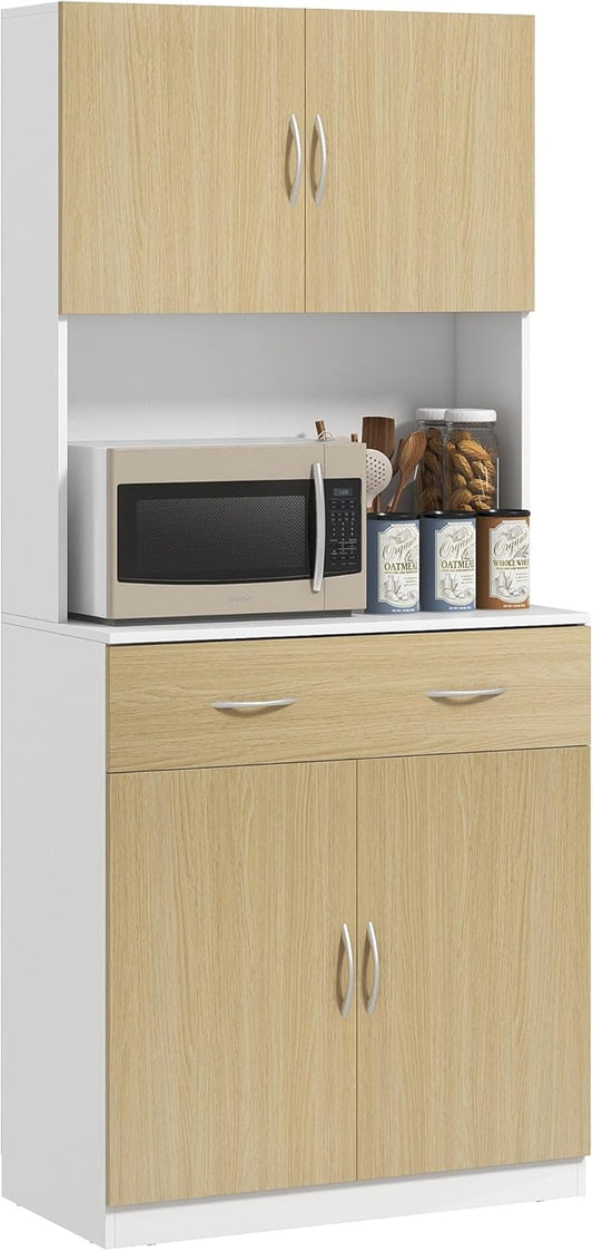 HOMCOM Kitchen Cupboard Kitchen Cabinet Kitchen Auxiliary Cabinet with Drawer Doors and Adjustable Anti-tip Shelves for Dining Room Living Room 80 x 40 x 180 cm Natural and White