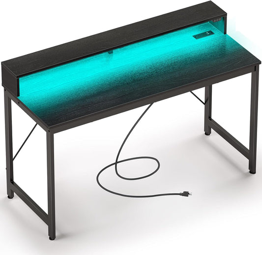 Rolanstar Computer Desk 39" with LED Lights & Power Outlets, Home Office Desk with Monitor Shelf, Gaming Desk, Writing Desk, Study Desk for Student & Kids, White