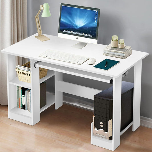 Blisswood Home Office Desk, White Computer Desk With Shelves & Sliding Keyboard Tray PC Laptop Table For Writing Workstation Bedroom Study Furniture (90 x 50 x 75CM)
