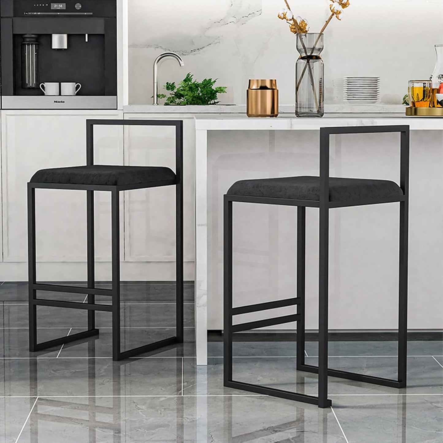 KAMPCO Bar Stool with Backrest, Velvet Bar Chair for Dining Room, Black