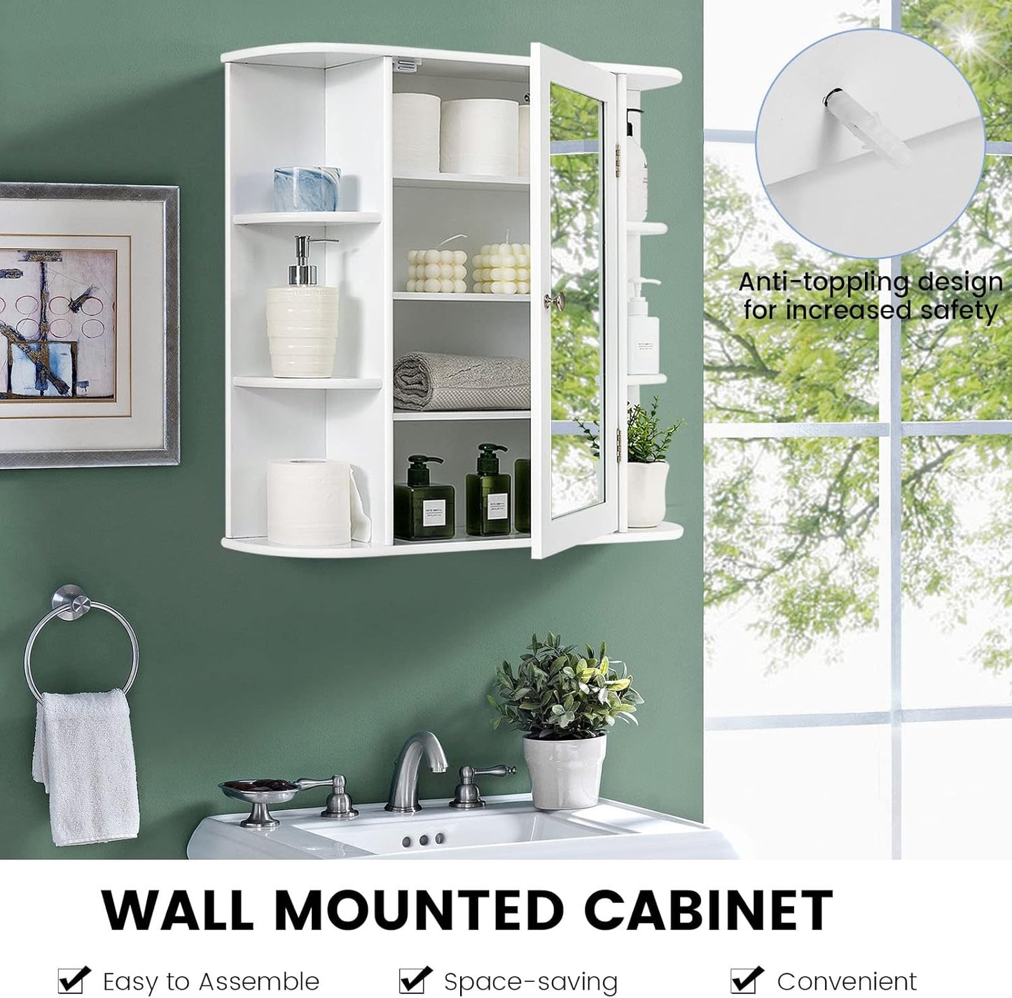 LIFEZEAL Bathroom Wall Cabinet with Mirror, MDF Hanging Storage Unit, Height Adjustable Shelves, Toilet Storage Cupboard 66 x 16.5 x 62 cm (White)