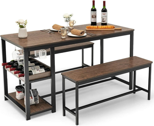 TANGZON Dining Table and 2 Bench Set, 3 Pieces Kitchen Dining Table Set with Wine Rack, Glass Holder & Storage Shelf, Space-Saving Breakfast Dining Furniture for Home Living Room Restaurant (Wooden)