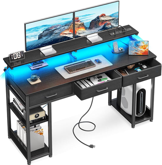 AODK 55 inch Computer Desk with 3 Drawers, Gaming Desk with LED Lights & Power Outlets, Home Office Desk with Storage Shelves & Monitor Stand, Modern Work Study Writing Table for Small Spaces, Black