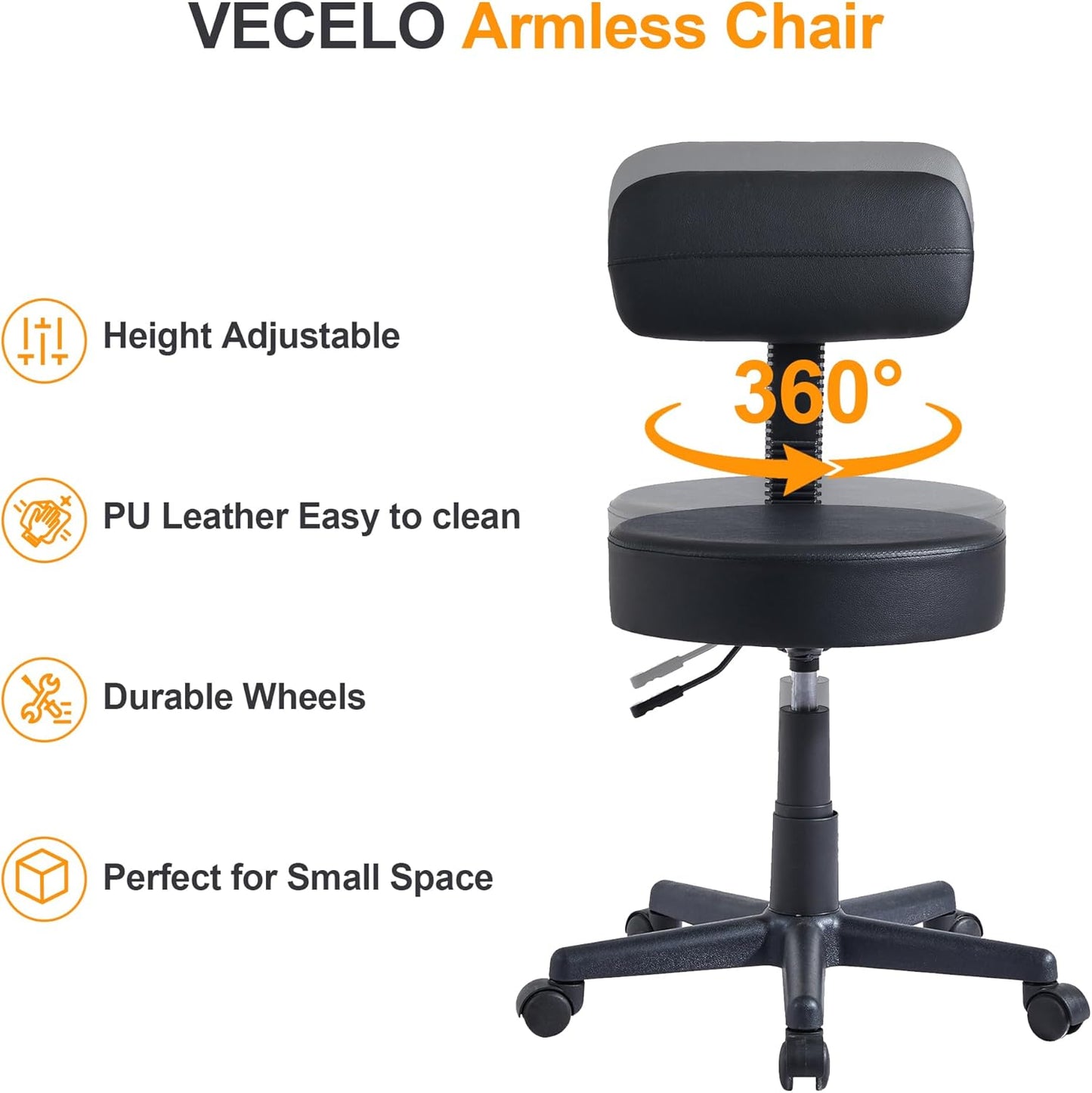 VECELO Home Office Desk Chair with Backrest for Garage Shop Workbench Kitchen Medical Salon, with Wheels, Height Adjustable, Swivel, Easy to Move, Black, Set of 1
