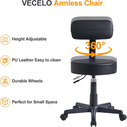 VECELO Home Office Desk Chair with Backrest for Garage Shop Workbench Kitchen Medical Salon, with Wheels, Height Adjustable, Swivel, Easy to Move, Black, Set of 1