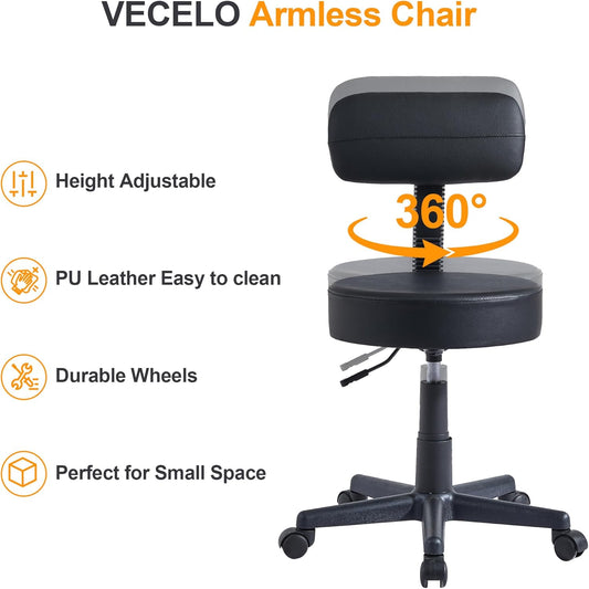 VECELO Home Office Desk Chair with Backrest for Garage Shop Workbench Kitchen Medical Salon, with Wheels, Height Adjustable, Swivel, Easy to Move, Black, Set of 1