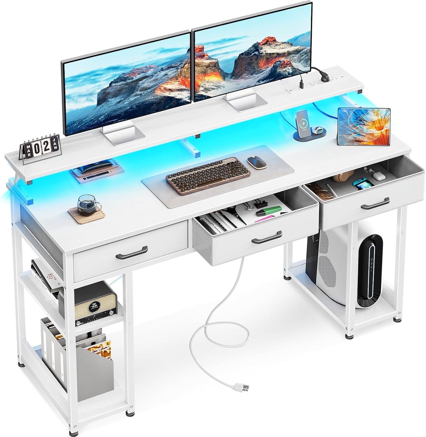 AODK 55 inch Computer Desk with 3 Drawers, Gaming Desk with LED Lights & Power Outlets, Home Office Desk with Storage Shelves & Monitor Stand, Modern Work Study Writing Table for Small Spaces, Black