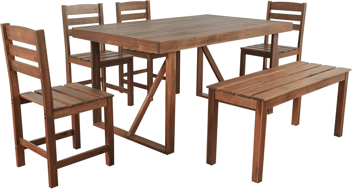 EOVTK 6-Piece Patio Wooden Dining Set with 59.8'' Rectangular Table, 4 Chair & Bench, Outdoor Conversation Furniture for Balcony, Vourtyard and Garden, Brown
