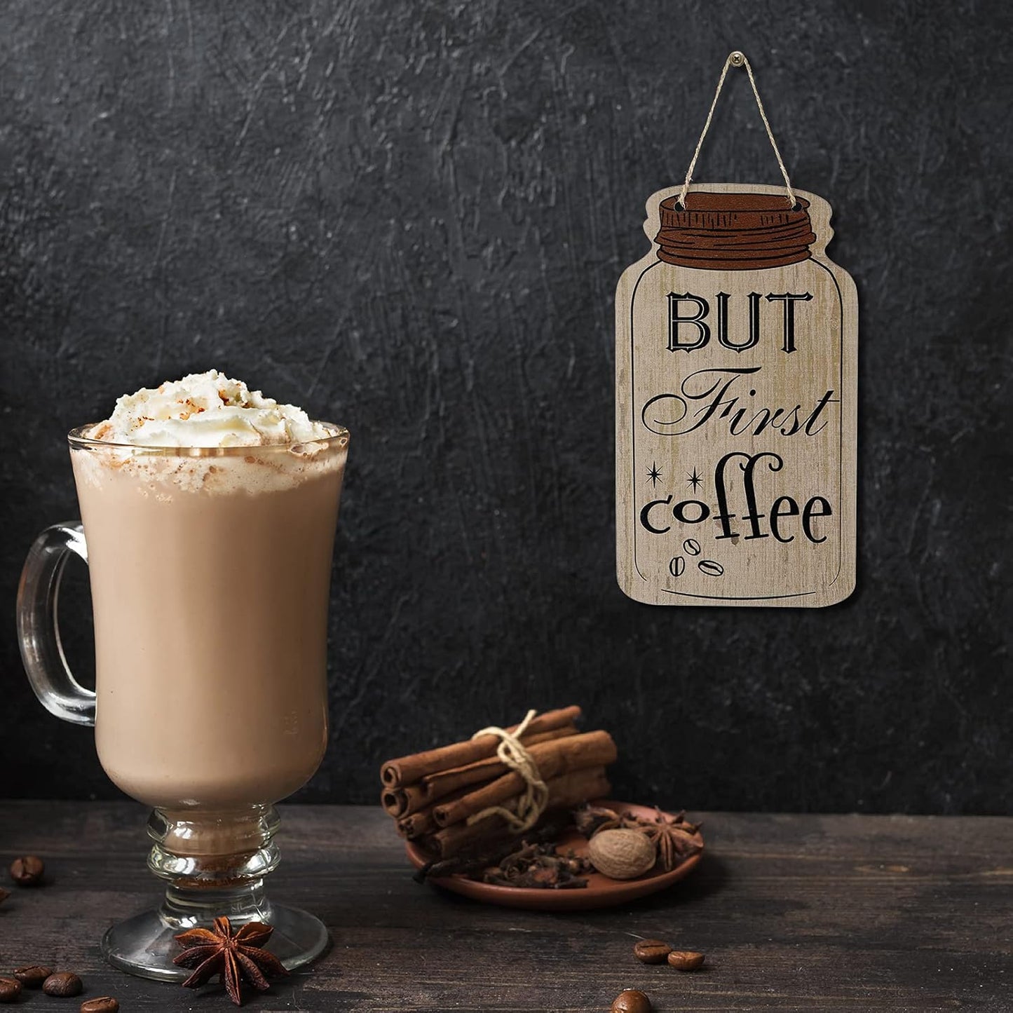 Jetec Wood Coffee Sign Mason Jar Wall Hanging Plaque - Farmhouse Coffee Bar Decor for Kitchen, Office, Home Wall and Table (Classic Style)