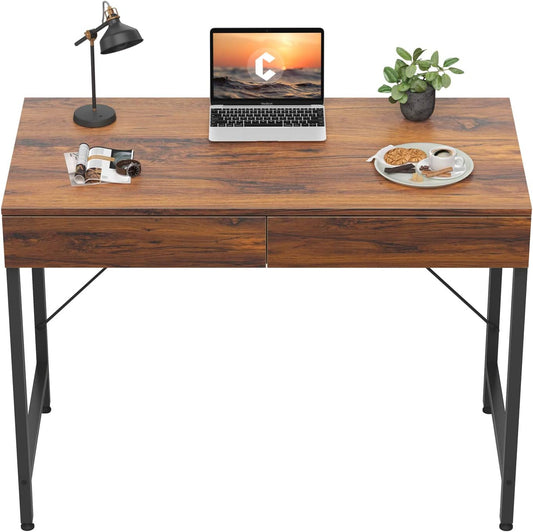 CubiCubi Computer Small Desk, 40 inches with 2 Storage Drawers for Home Office Writing Desk, Makeup Vanity Console Table, Dark Rustic