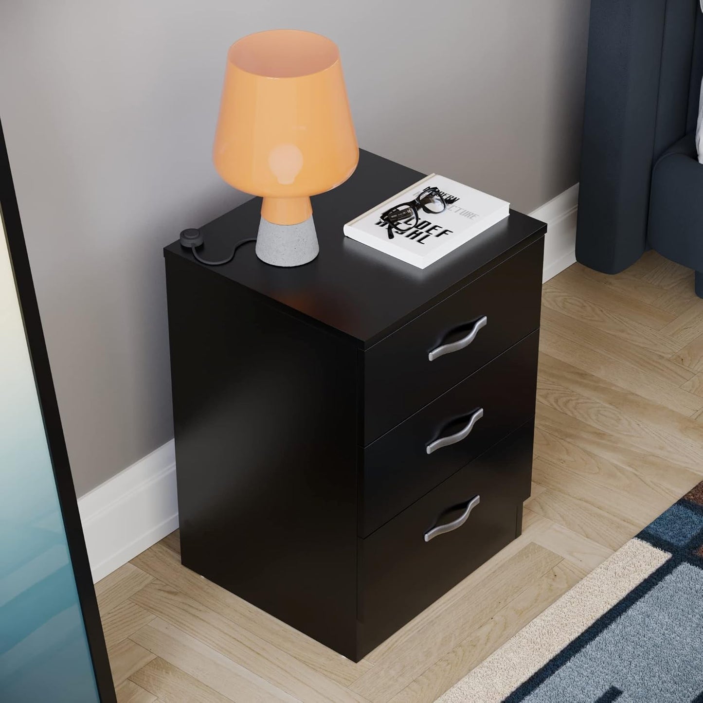 Vida Designs Large Black Bedside Cabinet Chest of Drawers, 3 Drawer With Metal Handles and Runners, Unique Anti-Bowing Drawer Support, Riano Bedroom Furniture