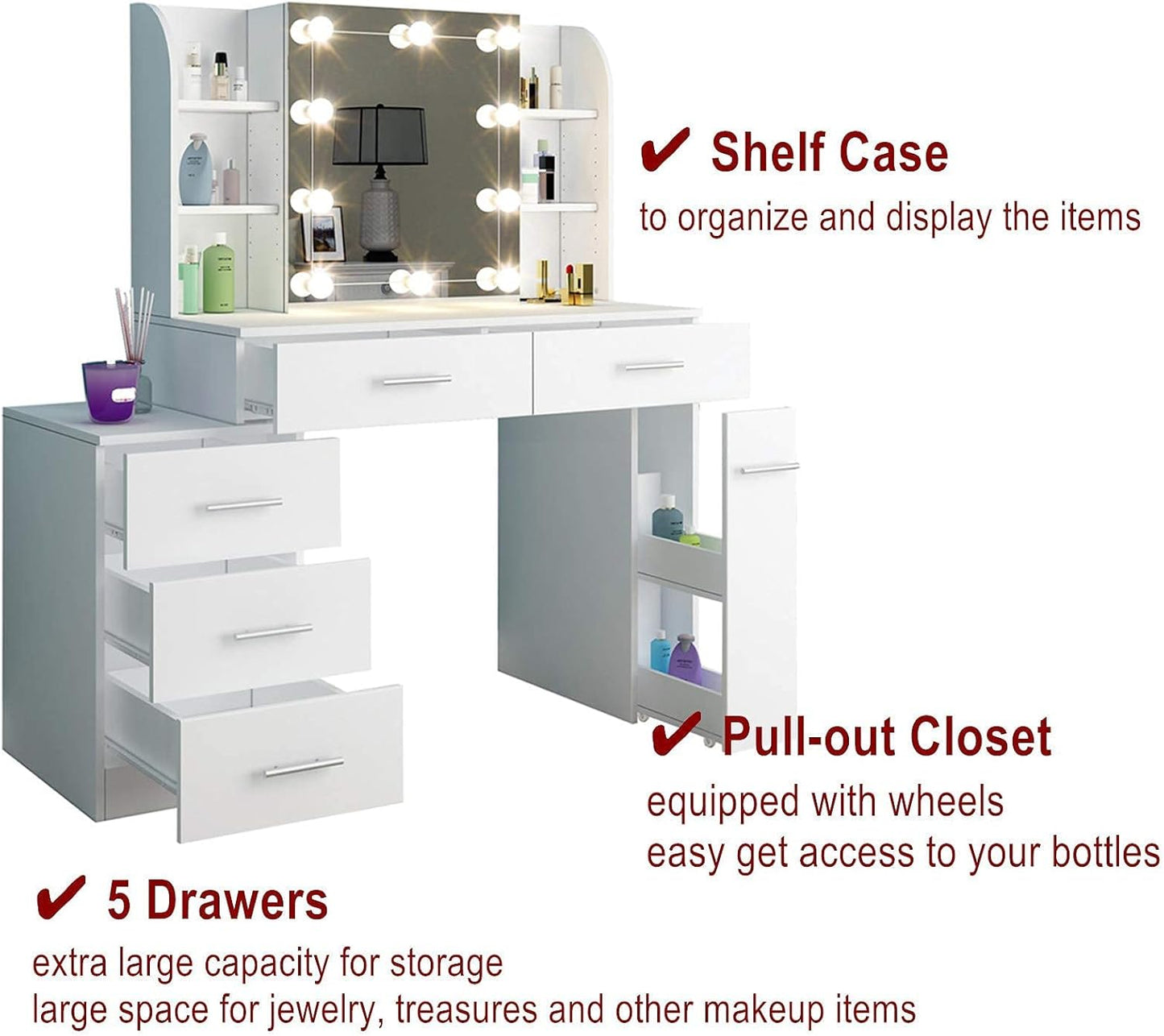 AWOOOD White Dressing Table, Vanity Set with Light Bulbs, Sliding Mirror & Cushioned Stool, 5 Drawers, Contemporary Style, Engineered Wood