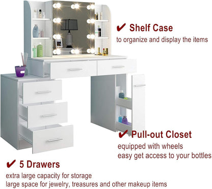 AWOOOD White Dressing Table, Vanity Set with Light Bulbs, Sliding Mirror & Cushioned Stool, 5 Drawers, Contemporary Style, Engineered Wood