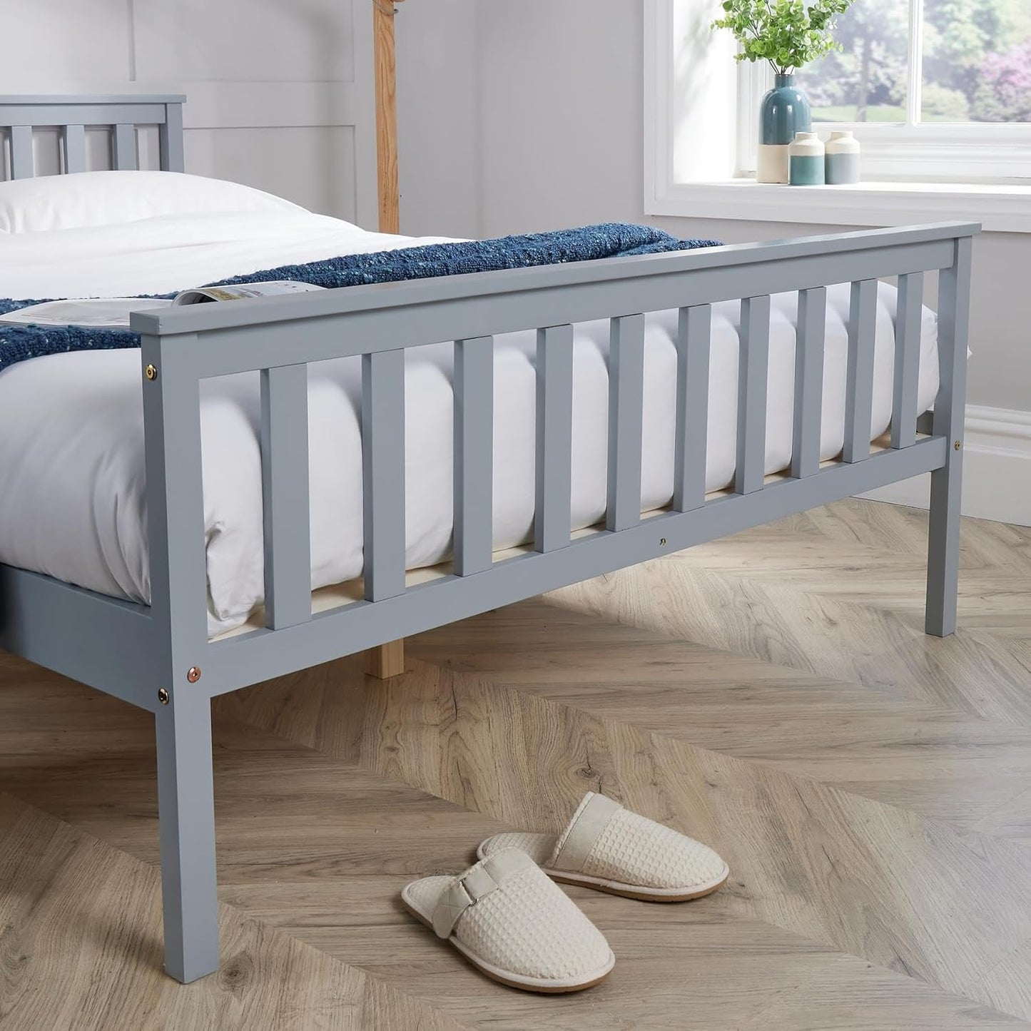 Home Source Grey Wooden Bed 4ft 6 Solid Pine High End Slatted Base, Double