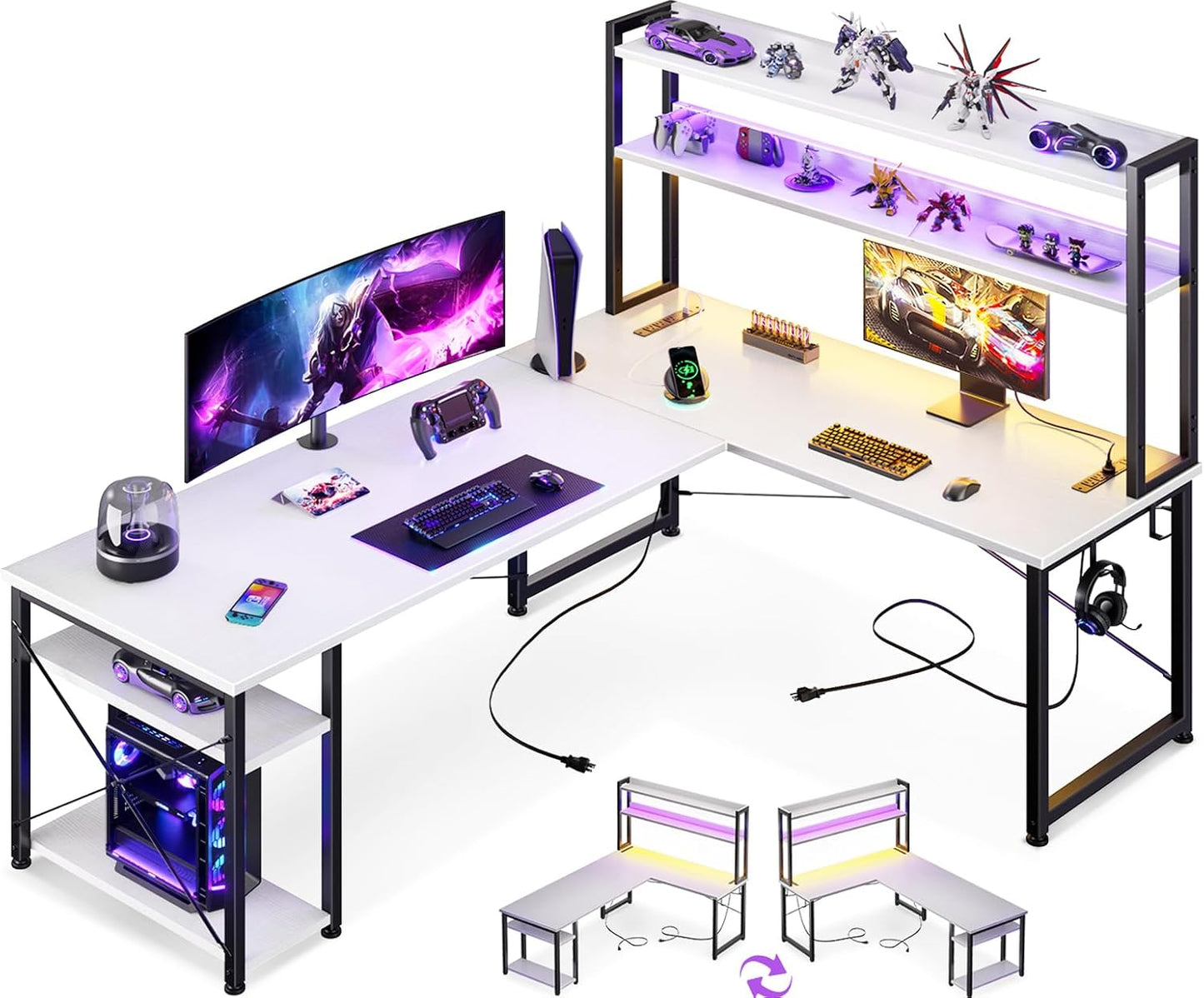 ODK Corner Desk, White with Stall, 150 x 120 cm, Reversible Gaming Table, L Shape with LED, Computer Desk with USB Charging Port and Socket, Gaming Desk for Home Office