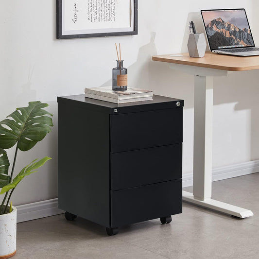 RIGID Steel Mobile Pedestal 3 Drawer Storage Unit Modern & Sleek Office Furniture Black
