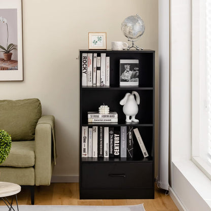 COSTWAY Wooden Bookcase, Freestanding Storage Bookshelf Cabinet with 3-Tier Open Shelves & Drawer, Display Rack Shelving Unit Cupboard for Living Room, Bedroom, Hallway and Office (Black)