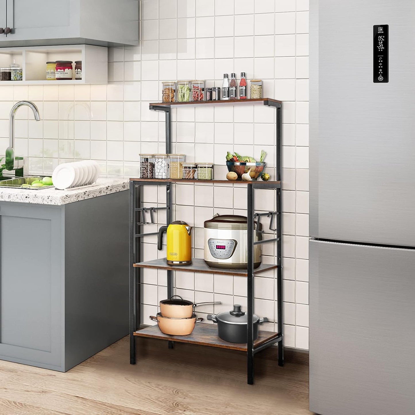 Sasoiky Bakers Rack for Kitchen,4-Tier Kitchen Storage Shelf Rack,Microwave Cart Coffee Bar Microwave Stand Rack with 4 Hooks,Bakers Racks for Kitchens with Storage(Rustic Brown)