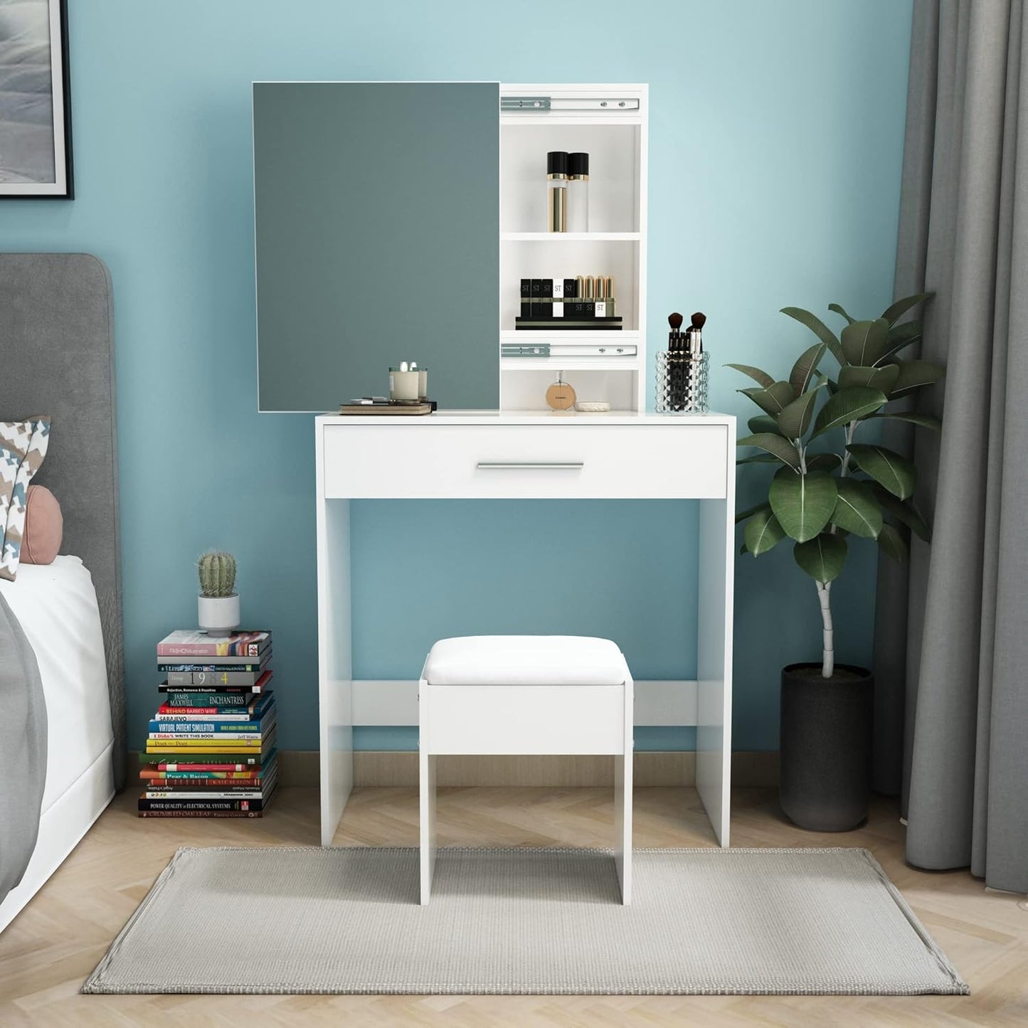 Meerveil Dressing Table Stool, White Soft Padded Wood Vanity Stool, 41x 35 x 45 cm Piano Seat