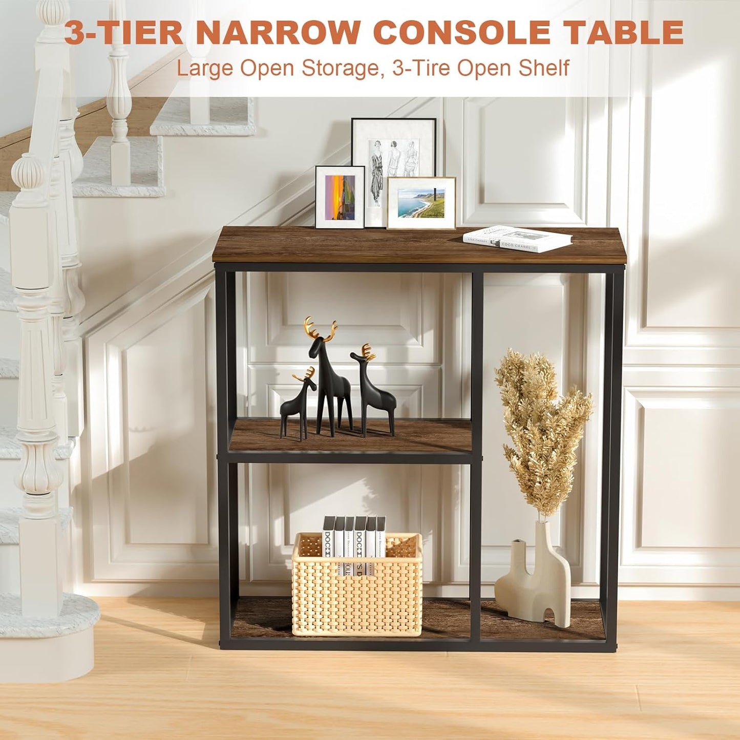 WOHOMO Console Table Small Entryway Table with Storage Shelves 30cm Narrow Sofa Table Modern Hallway Table for Living Room 80 x 30 x 80cm,Walnut