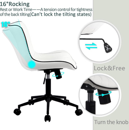 YOUTASTE Modern Armless Office Chair - Height Adjustable Swivel Rocking Computer Task Chair, Faux Leather With Wheels, Stylish Lounge Vanity Seat, White