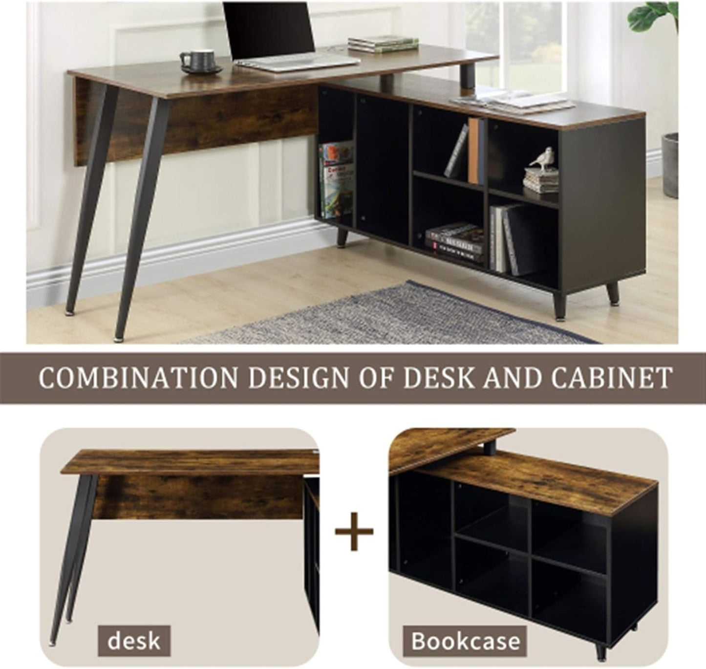 YT L Shaped Home Office Desk, Metal and Wood Rustic Corner Desk, Industrial Writing Workstation Table for Home Office Study, Computer Desk with Storage Shelves, Easy Assembly