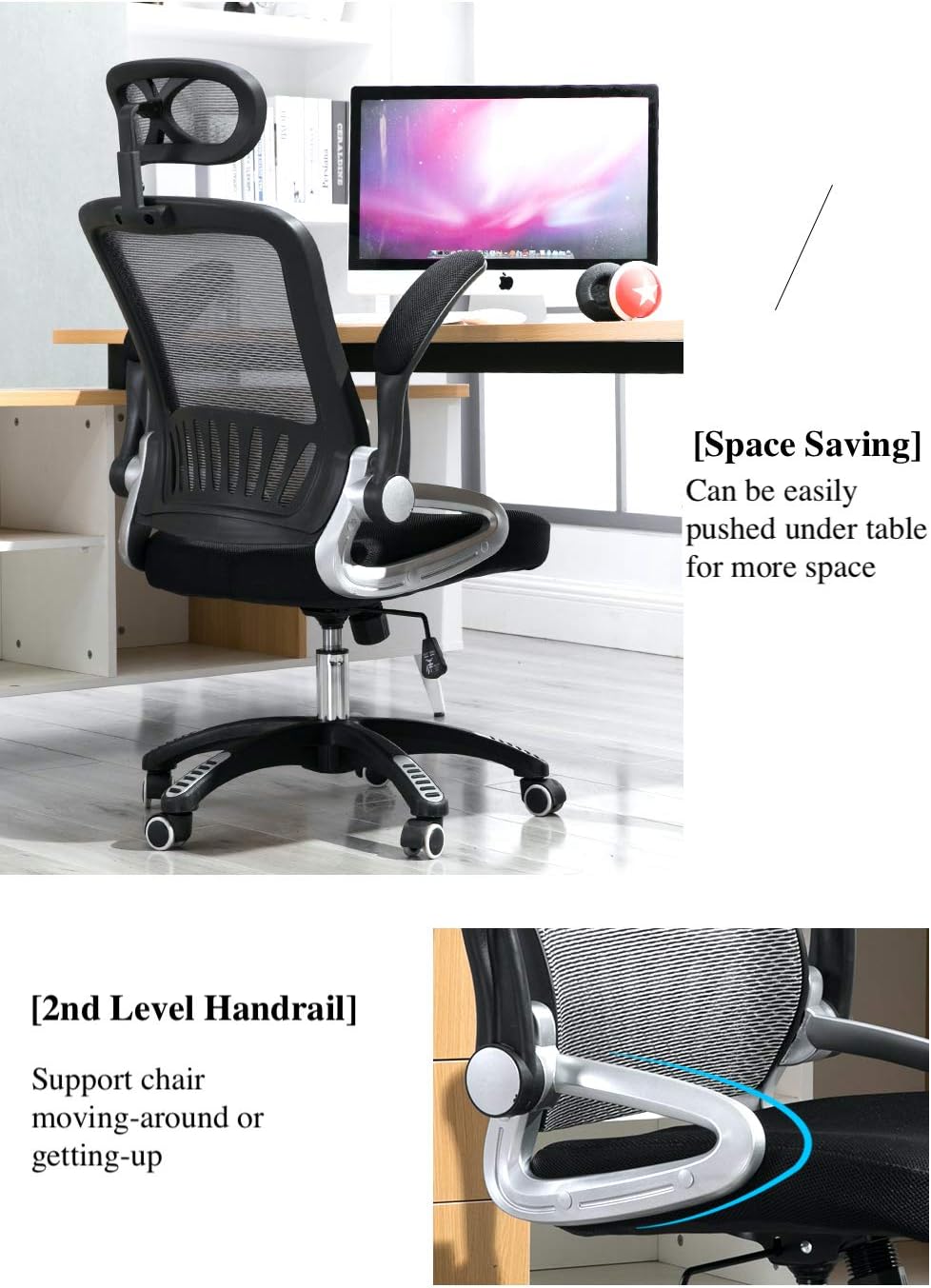YALLA OFFICE Ergonomic Office Chair Ergonomic Mesh with Wheels, Lumbar Back Support, Adjustable Headrest with Flip-up Armrest (Grey(Nylon Base)), 901-GRY-NFR
